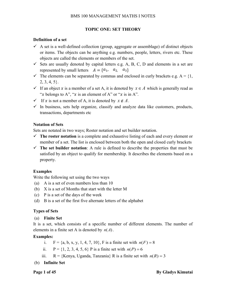 BMS 100 Management Maths I Notes: Set Theory & Equations