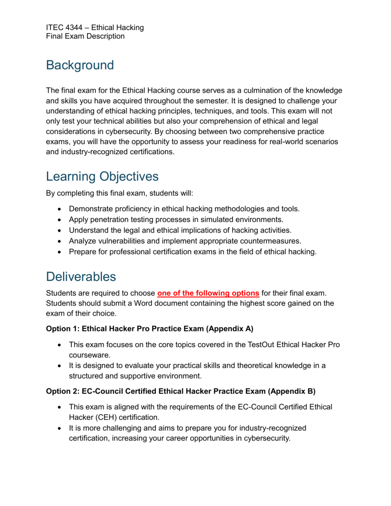 ITEC 4344 Ethical Hacking Final Exam Guide