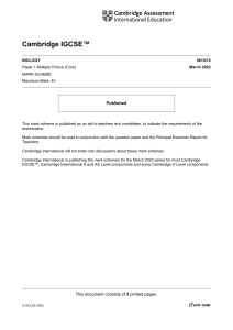 Cambridge IGCSE Biology Paper 1 Mark Scheme 2022