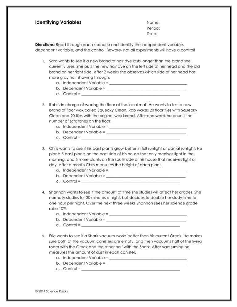 Identifying Variables Worksheet: Independent, Dependent, Control