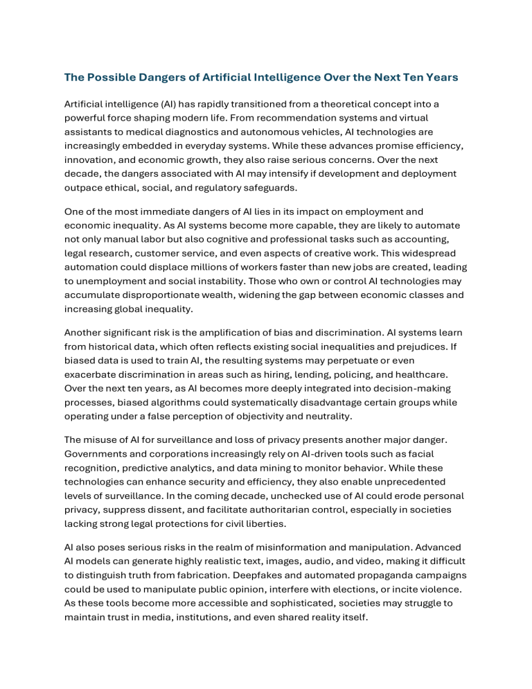 The Dangers of Artificial Intelligence: A 10-Year Analysis