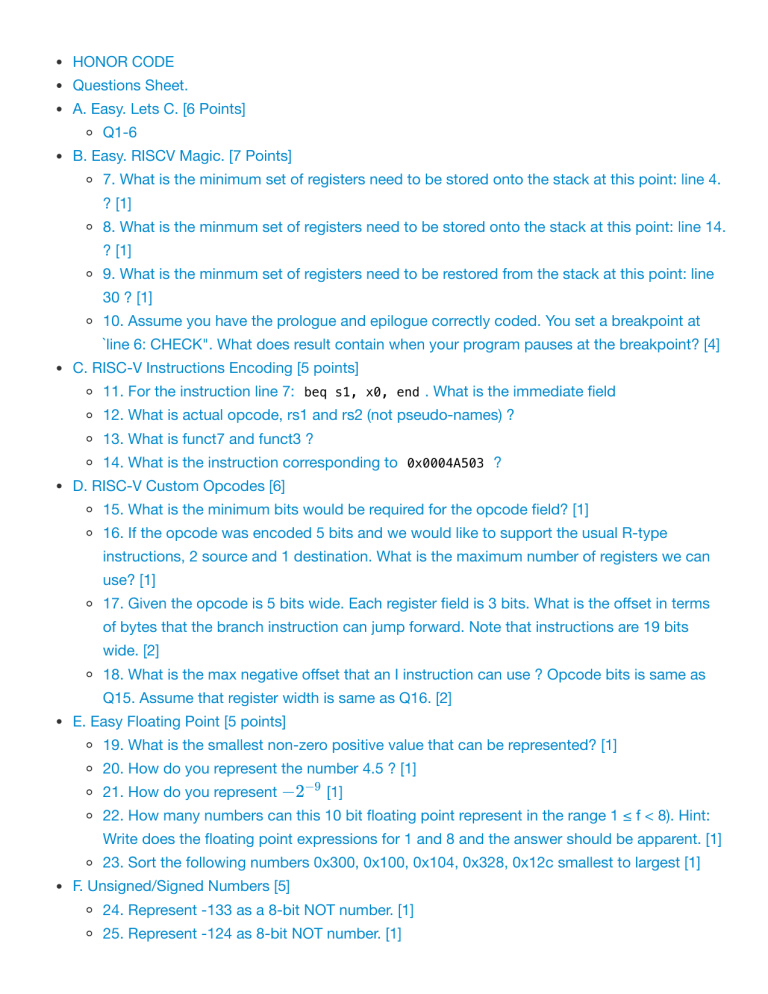RISC-V & Computer Science Exam Questions Sheet