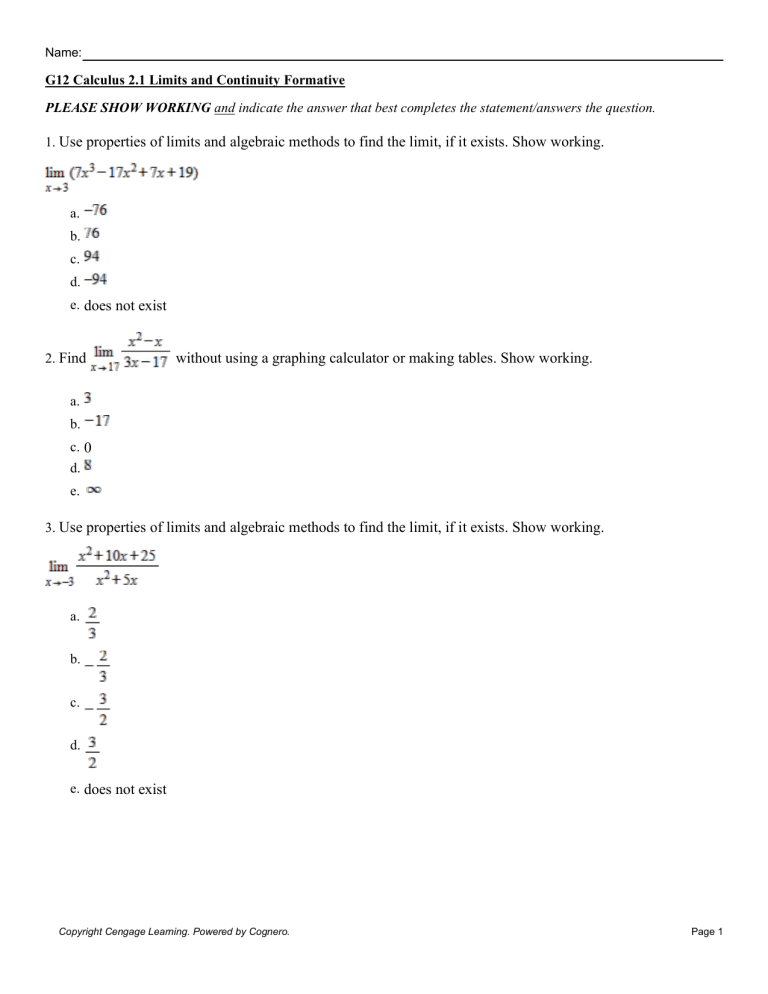 G12 Calculus 2.1 Limits and Continuity Formative Assessment