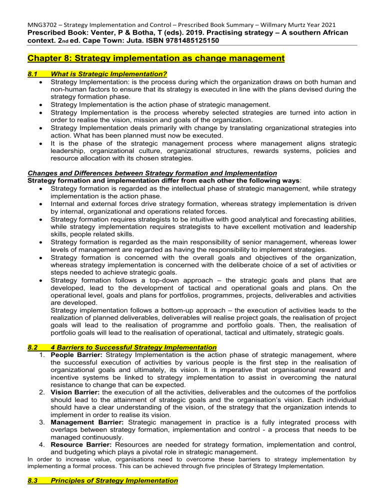 Strategy Implementation and Control Summary