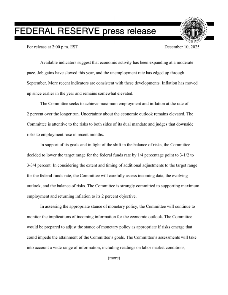 Federal Reserve Press Release: December 2025 Monetary Policy Decision