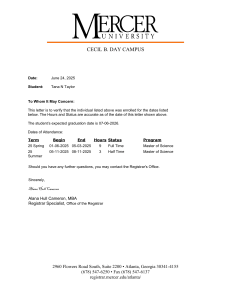 Mercer University Enrollment Verification Letter