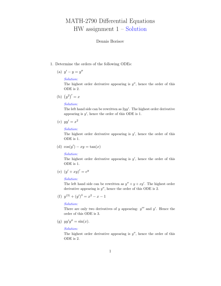 MATH-2790 Diff Eq HW1 Solutions