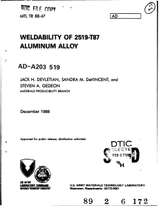 Weldability of 2519-T87 Aluminum Alloy: MTL TR 88-47