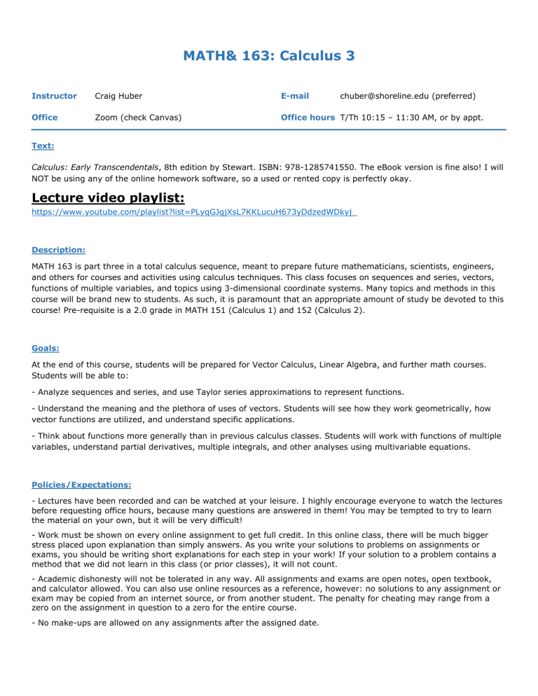 MATH 163 Calculus 3 Course Syllabus & Resources