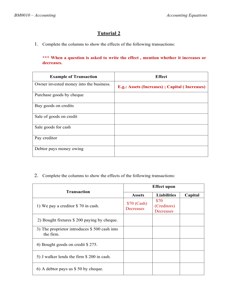 Accounting Equations Tutorial Worksheet