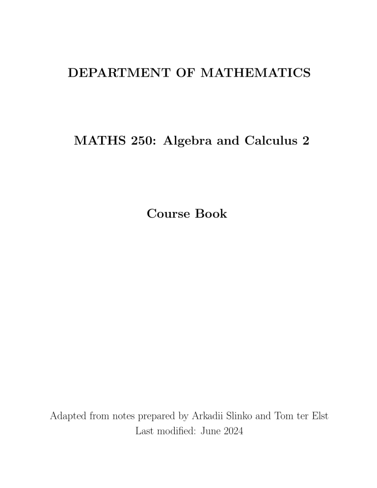 MATHS 250 Algebra & Calculus 2 Coursebook
