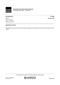 Cambridge Secondary 1 Checkpoint Maths Paper 2 Mark Scheme 2016