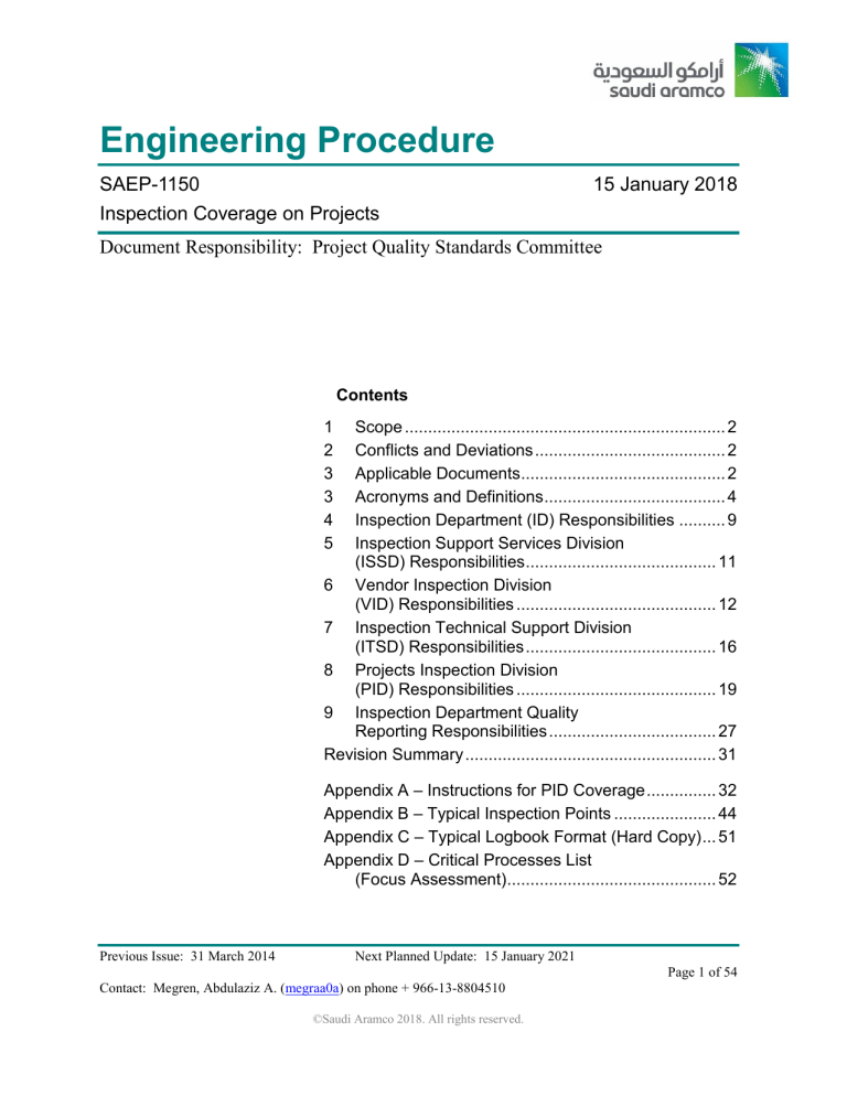 SAEP-1150 Inspection Coverage on Projects - Saudi Aramco