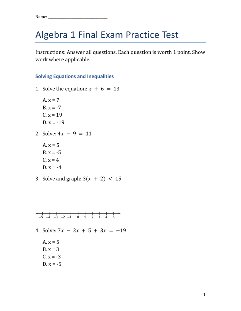 Algebra 1 Final Exam Practice Test