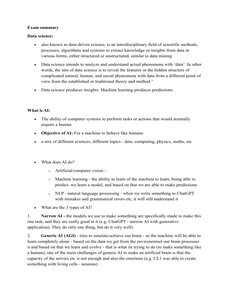Exam Summary: Data Science, AI, and Cloud Computing