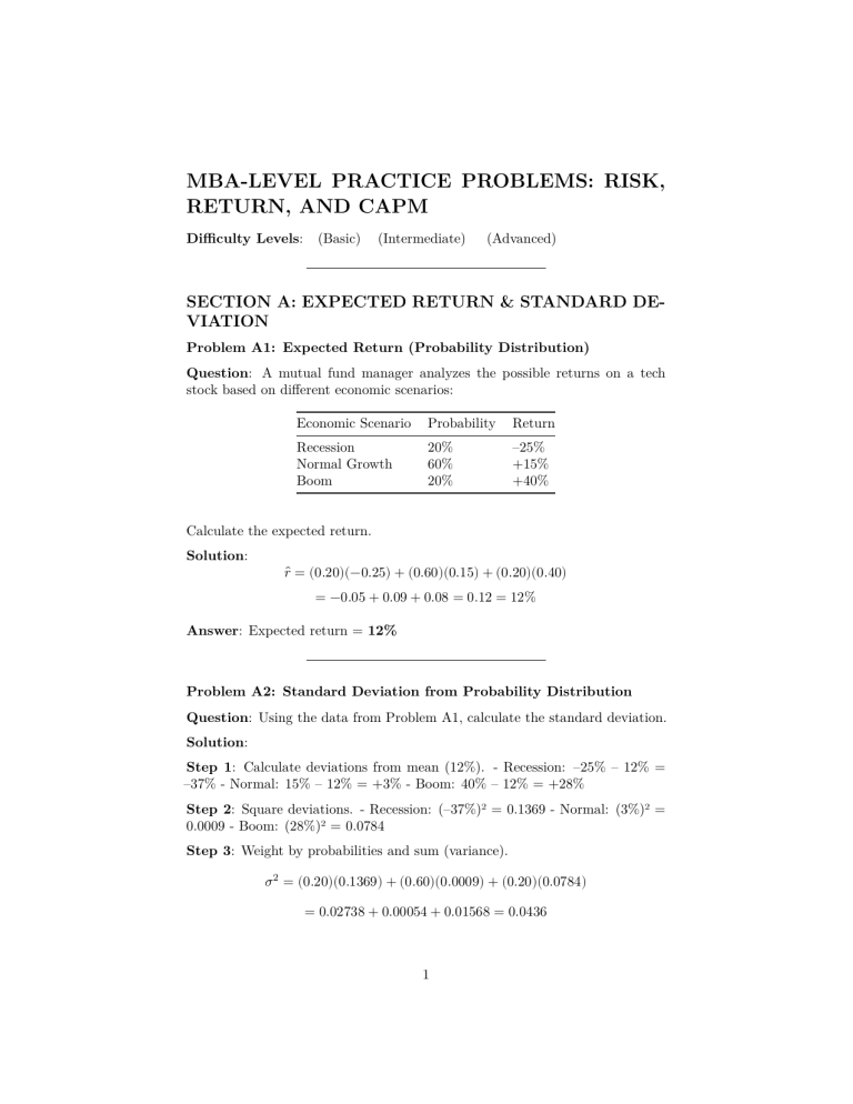 Mba Risk Table MBA Practice Problems: Risk, Return, CAPM