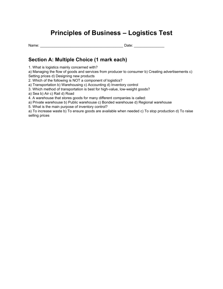 Principles of Business Logistics Test