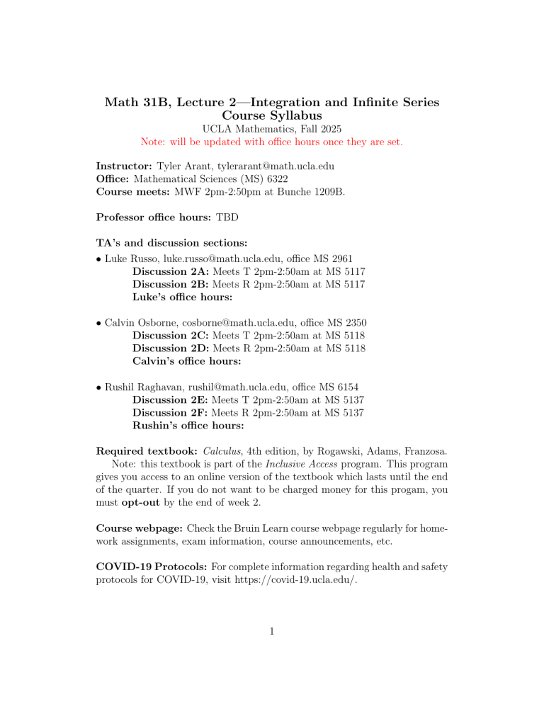 UCLA Math 31B Syllabus: Integration and Infinite Series Fall 2025