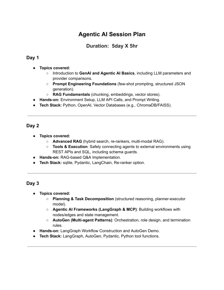 Agentic AI 5-Day Session Plan: Curriculum & Tech Stack