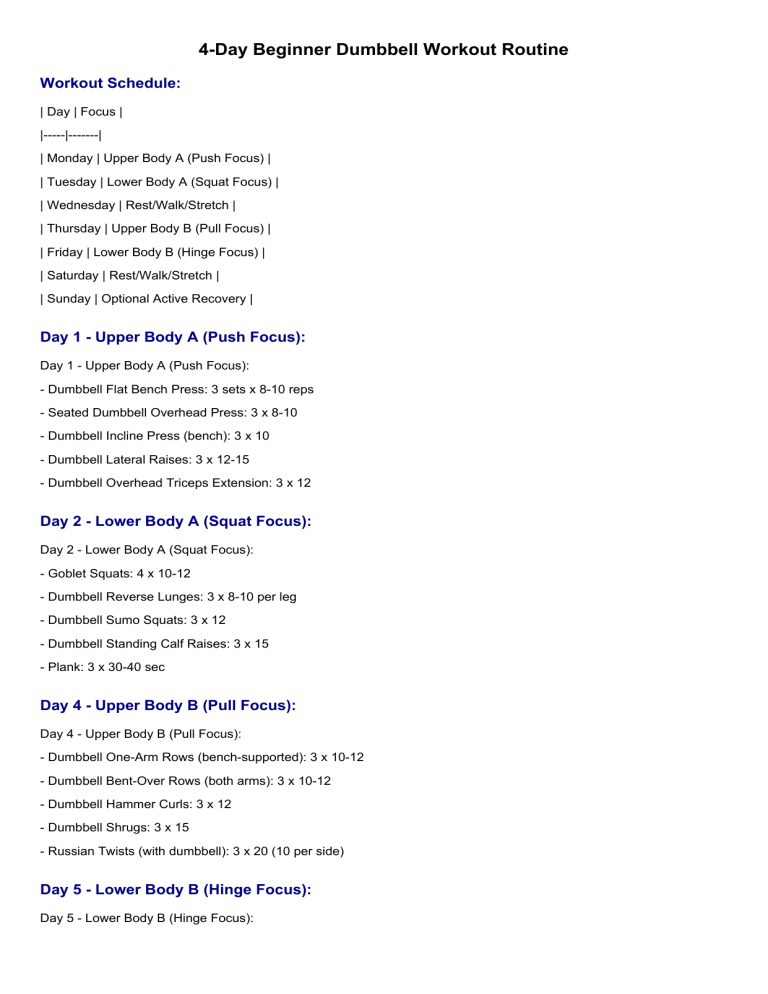 4-Day Beginner Dumbbell Workout Routine
