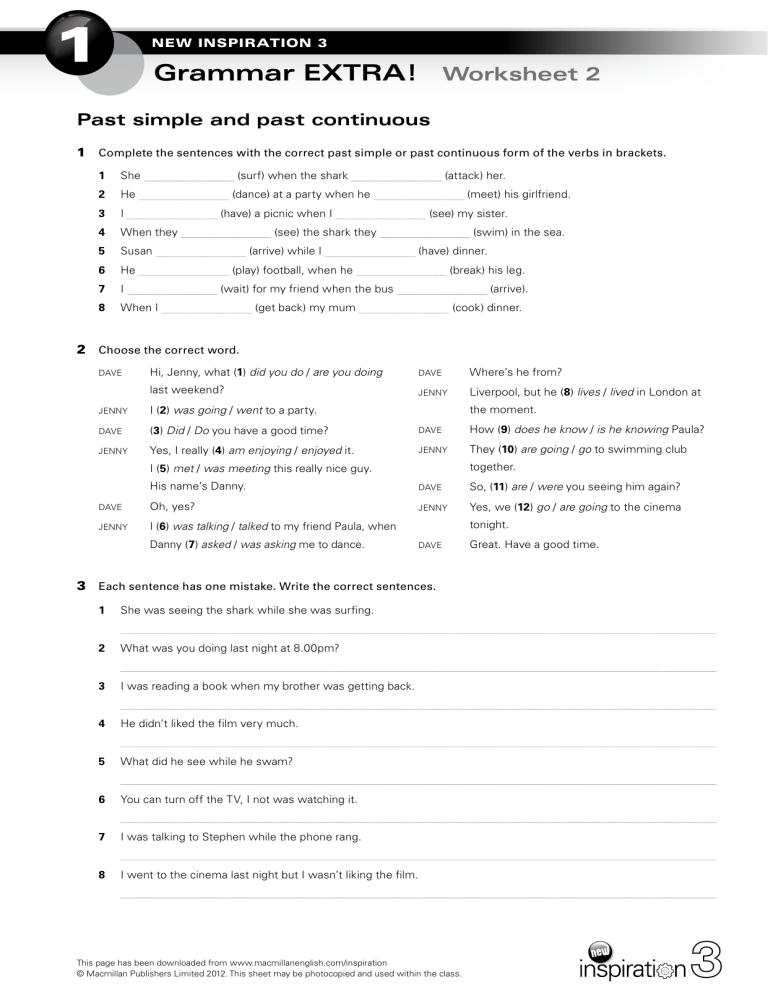Grammar EXTRA! Worksheet 2: Past Simple & Past Continuous