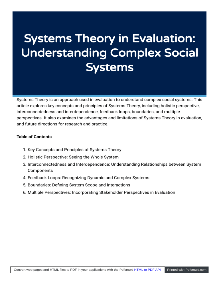 Systems Theory in Evaluation: Understanding Complex Social Systems