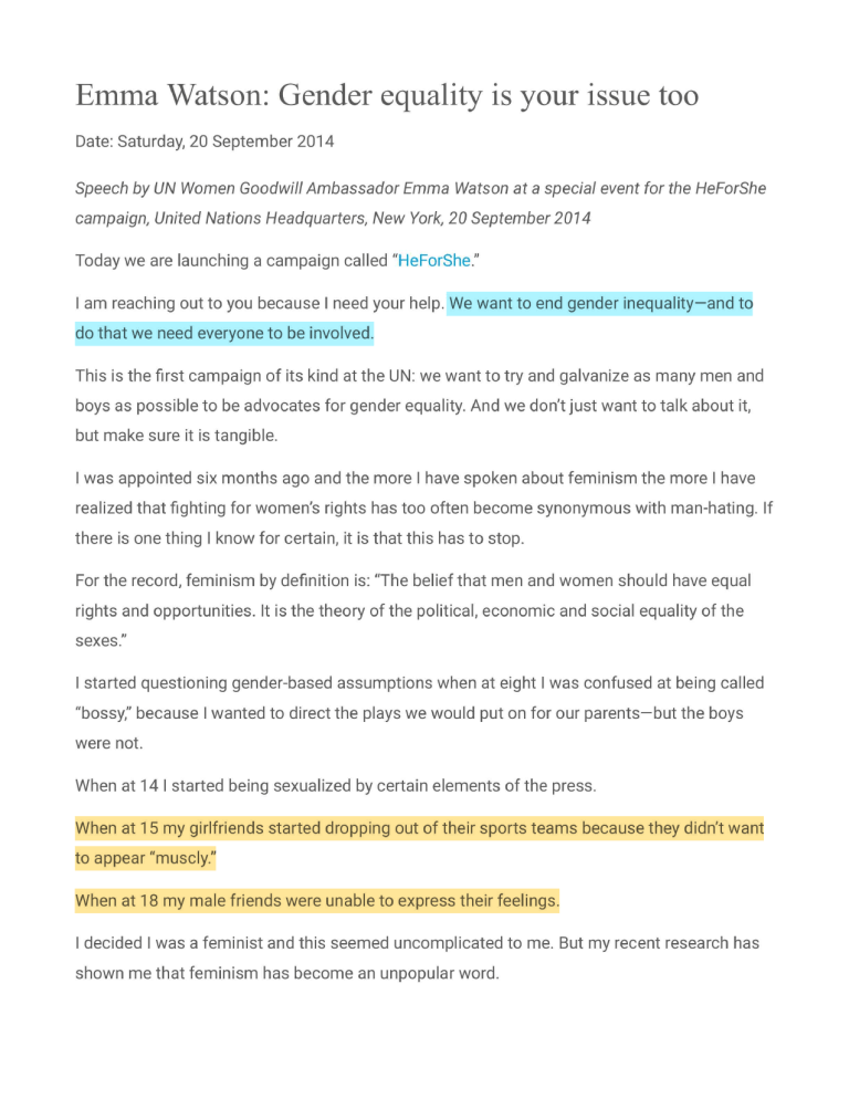 Emma Watson's HeForShe Speech on Gender Equality