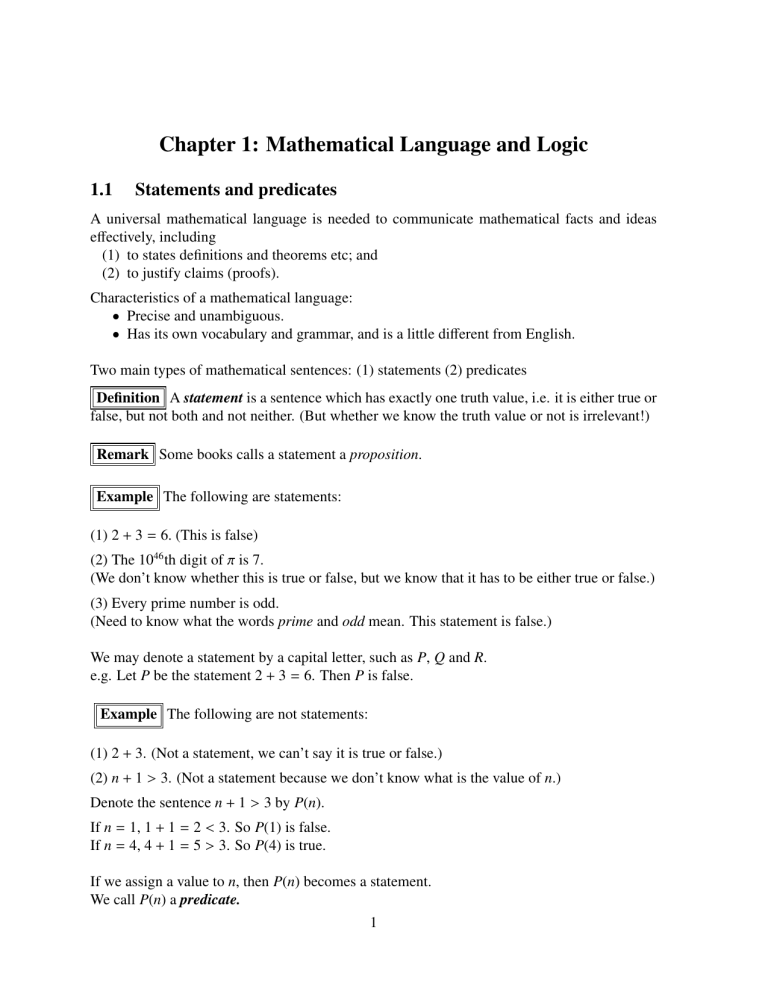 Mathematical Logic: Statements & Predicates