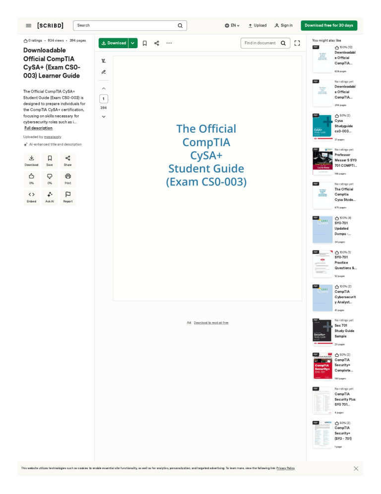 Official CompTIA CySA+ Student Guide (CS0-003)