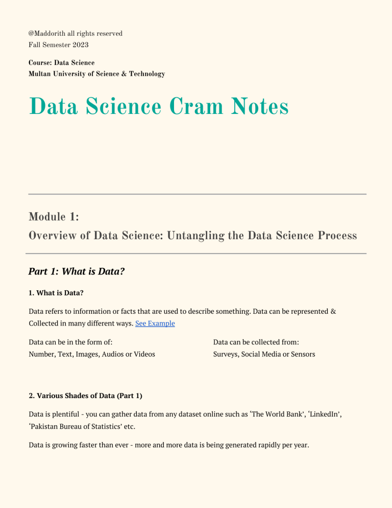 Data Science Cram Notes - Fall 2023