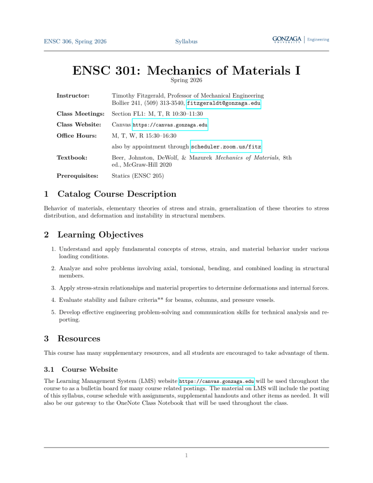 ENSC 301 Mechanics of Materials I Syllabus Spring 2026