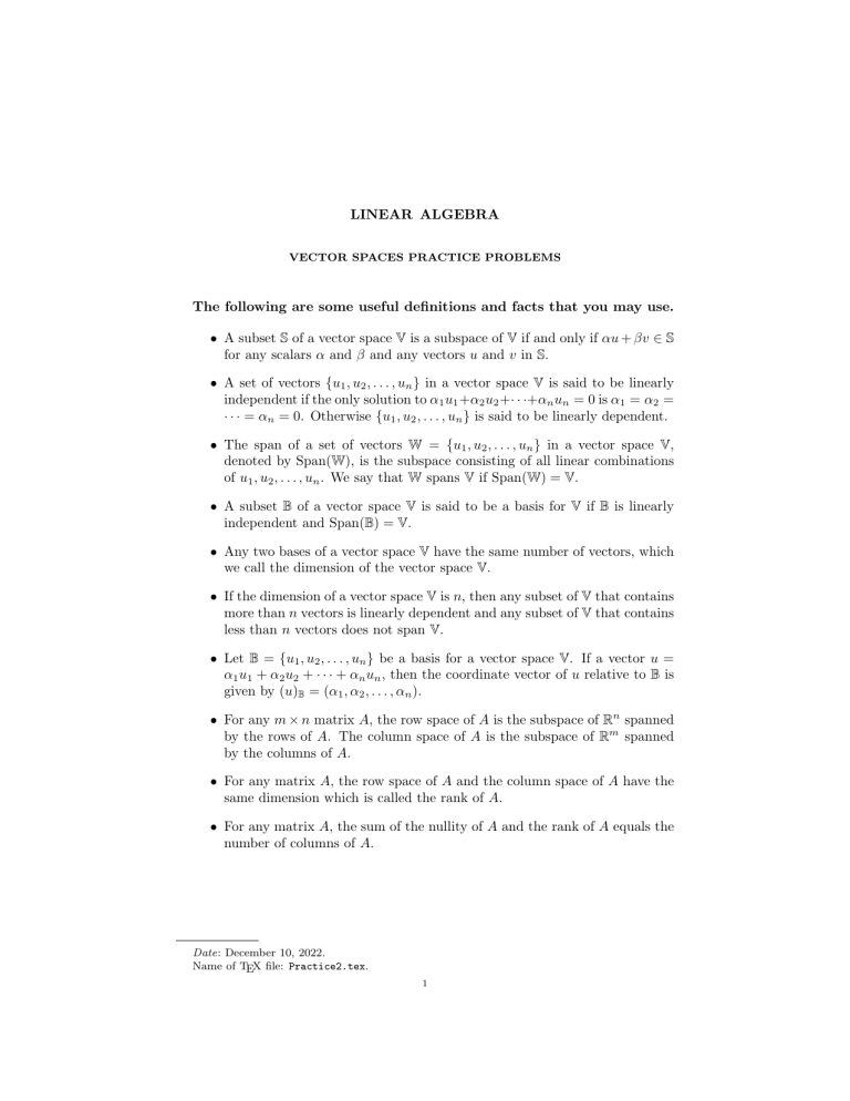 Linear Algebra Vector Spaces Practice Problems