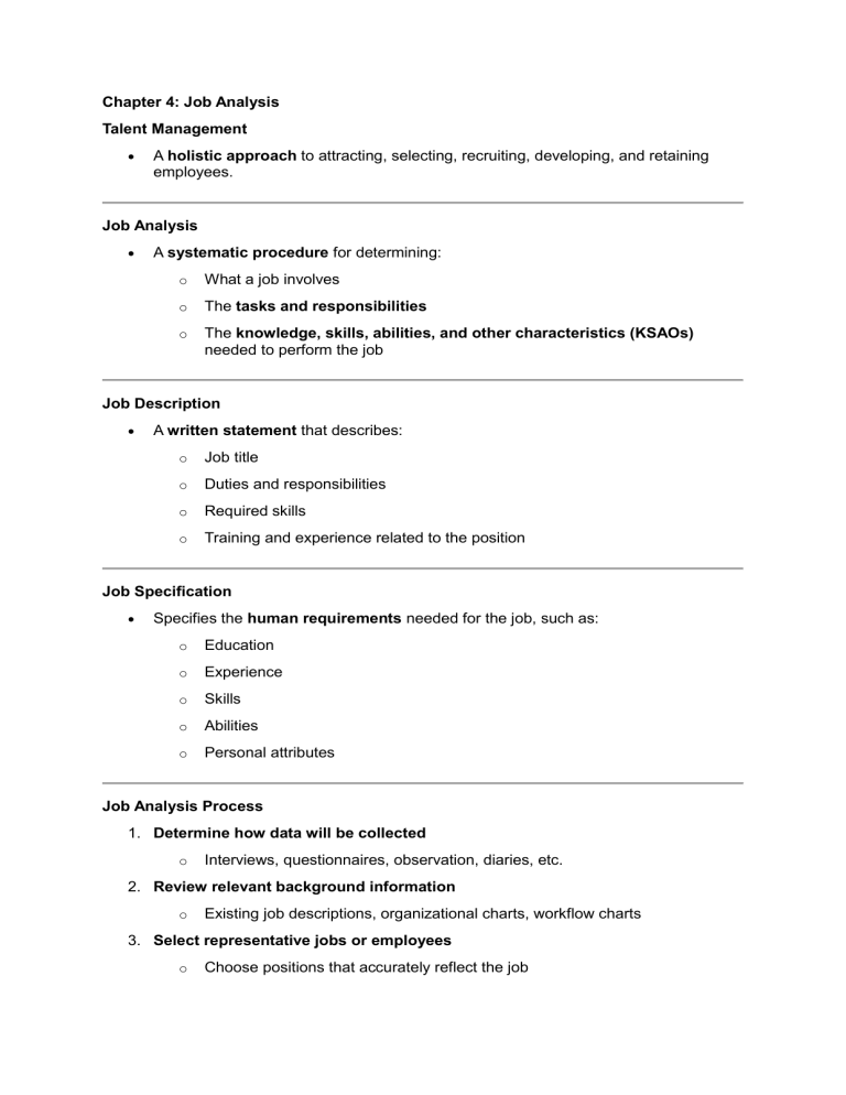 Job Analysis Notes Chapter 4: Job Analysis - Talent Management Guide
