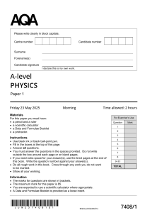 AQA A-level Physics Paper 1 2025 Exam