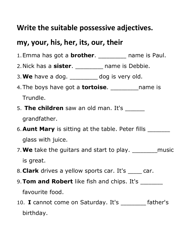 Possessive Adjectives Worksheet