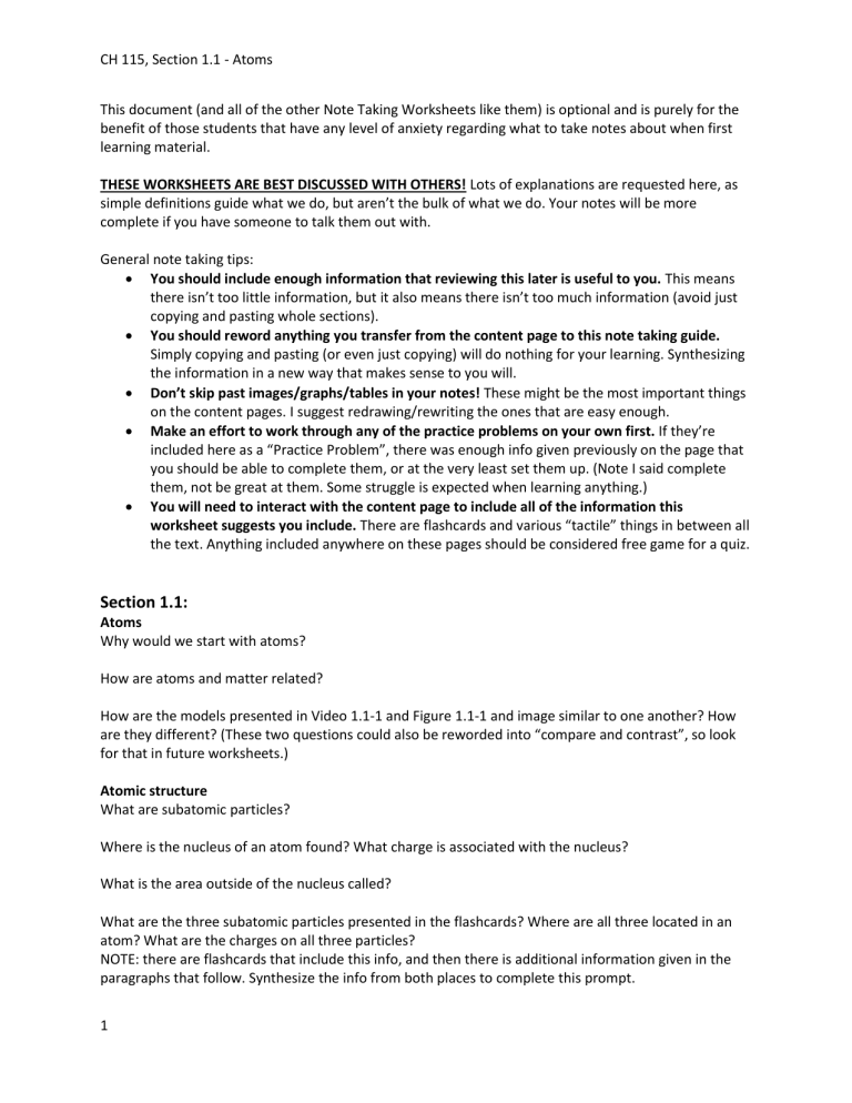CH 115 Section 1.1 Atoms Note Taking Worksheet