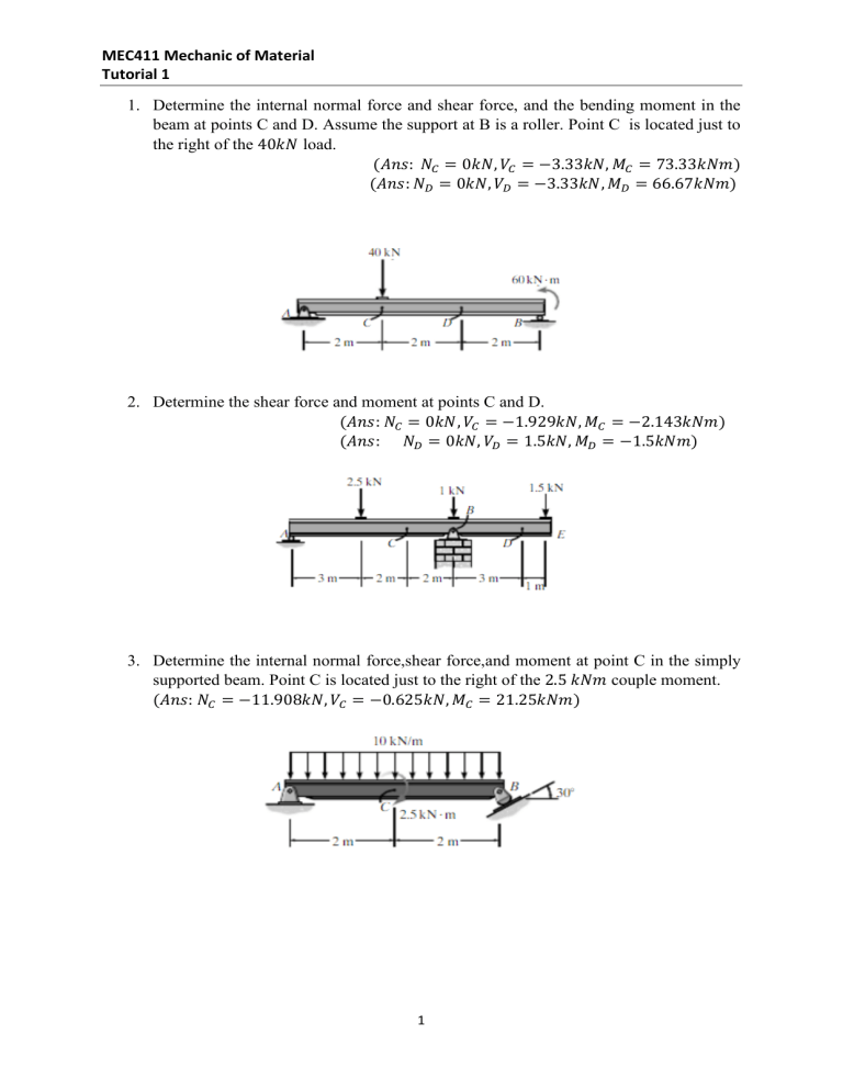 Material Forces MEC411 Mechanics of Materials Tutorial 1