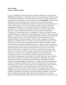 Analysis of Lewin's Leadership Styles: Autocratic, Participative, Laissez-faire
