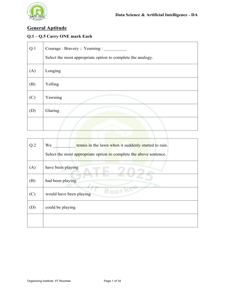 GATE 2025 Data Science & AI General Aptitude Questions