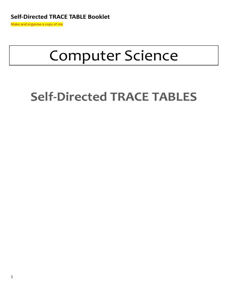 Self-Directed TRACE TABLE Booklet: Computer Science Workbook
