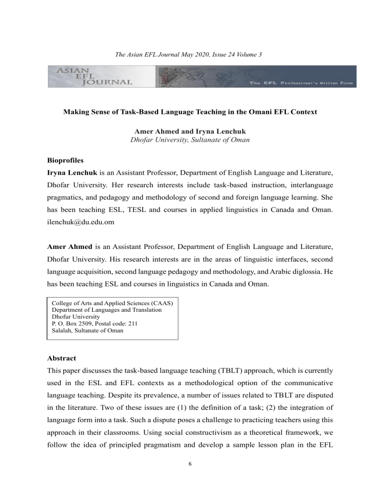 Task-Based Language Teaching in Omani EFL Context