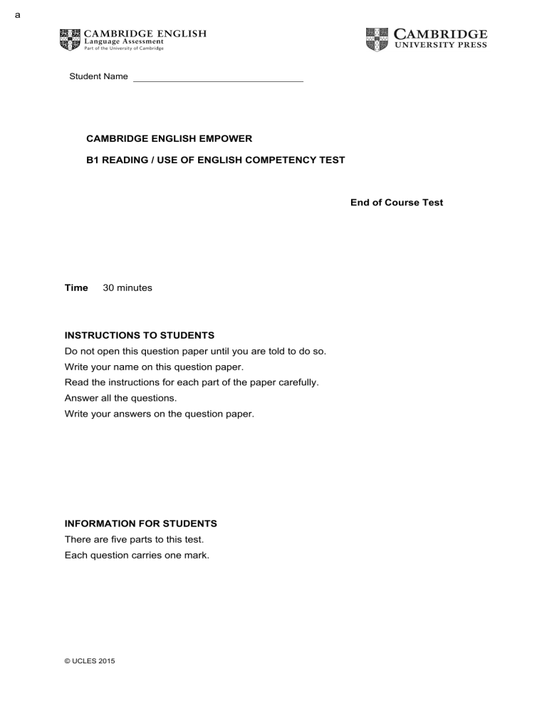 Cambridge English Empower B1 End of Course Test