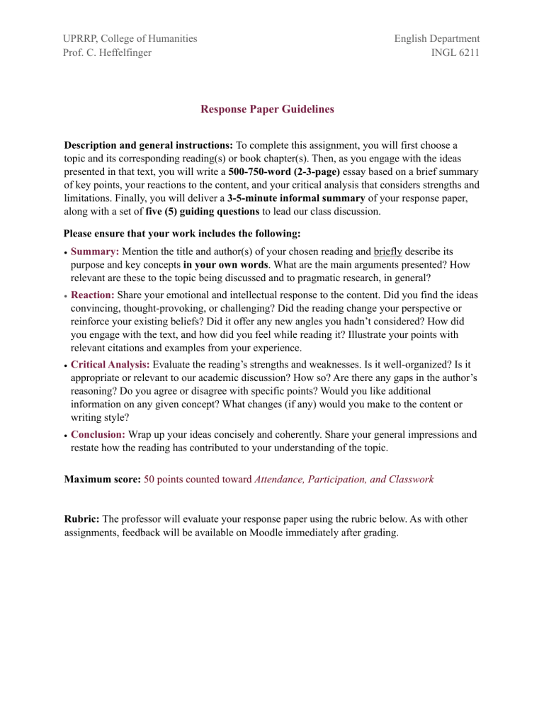UPRRP INGL 6211 Response Paper Guidelines
