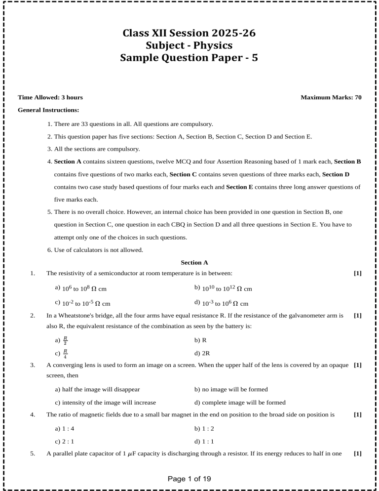Class 12 Physics Sample Question Paper 5