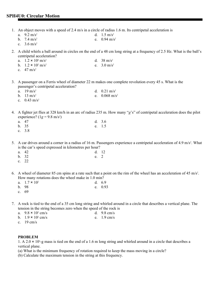 SPH4U0 Circular Motion Physics Problems