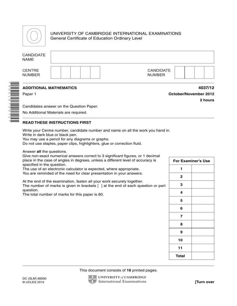 Cambridge O-Level Additional Maths 2012 Paper