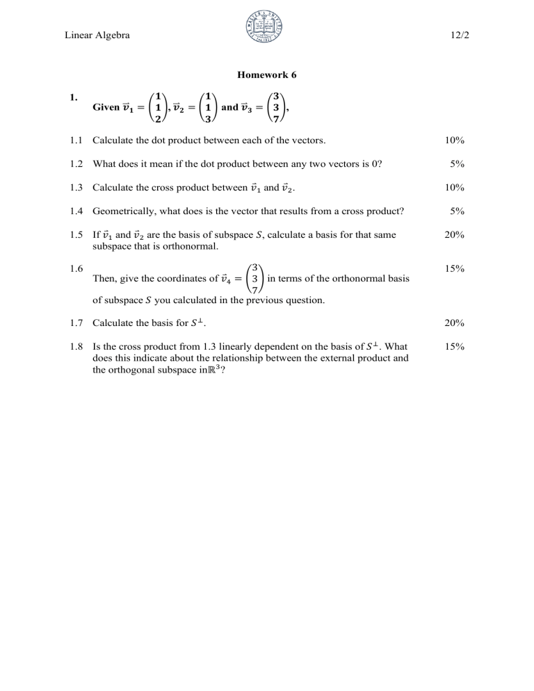 Linear Algebra Homework 6: Vector Operations
