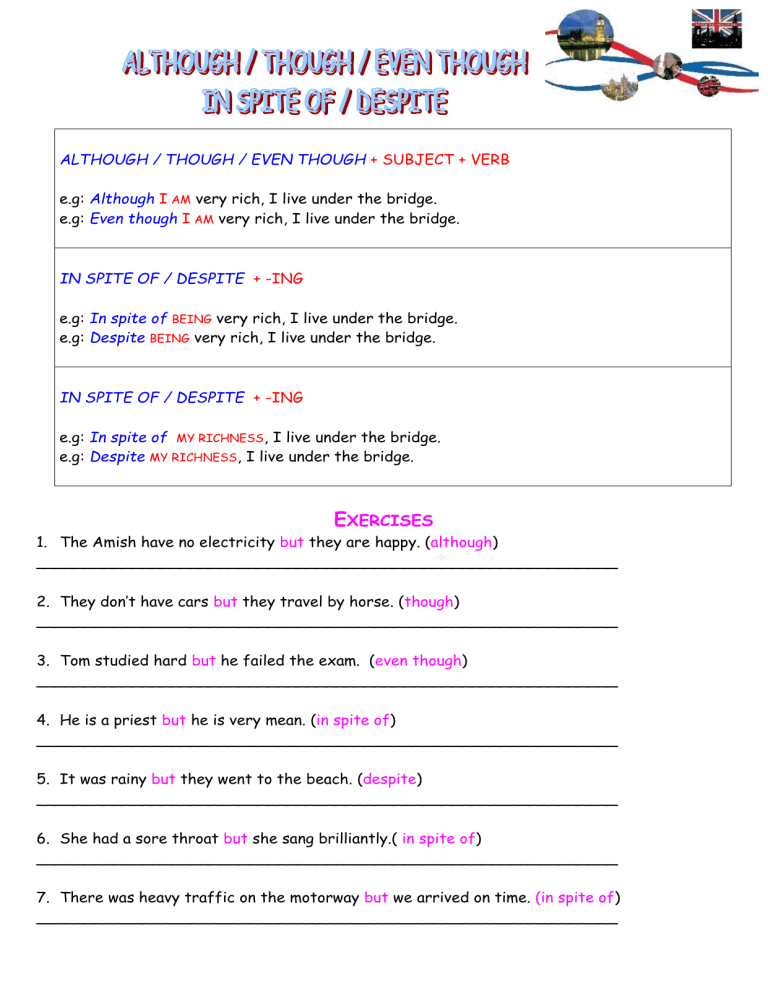 English Grammar Worksheet: Although, Though, Despite, In Spite Of