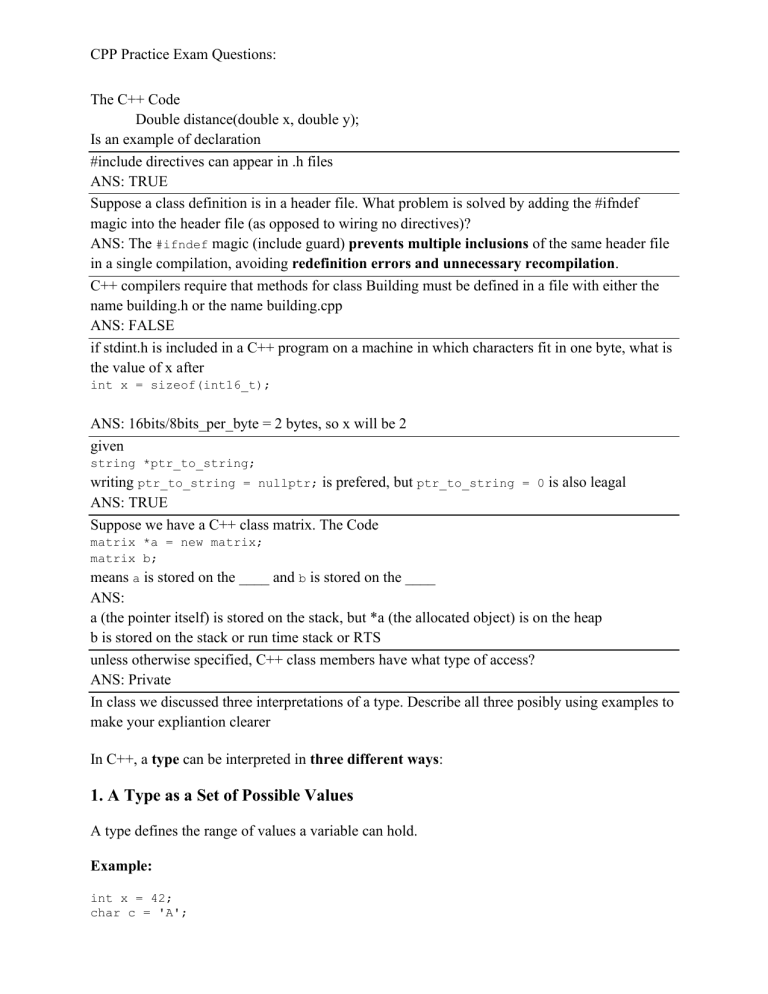 C++ Practice Exam with Answers