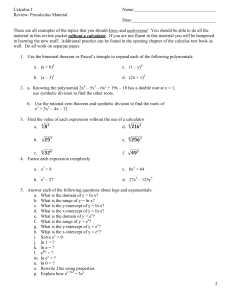 Calculus 1 Precalculus Review Worksheet